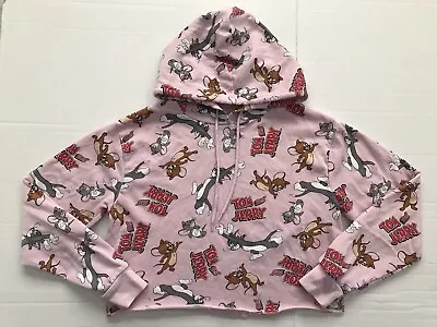 Buy TOM AND JERRY Women Medium Pink All Over Graphic Print Hoodie Cropped Sweatshirt • 12.06£