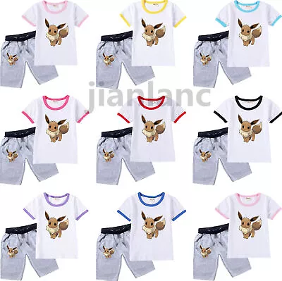 Buy Boys Girls Eevee Pyjamas Set Cosplay Cartoon Short Sleeve T-shirt+Shorts Outfits • 11.99£