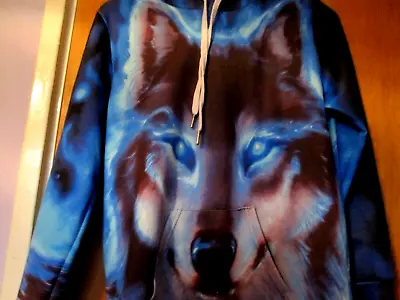 Buy Blue Mix Long Sleeved Hoodie With Wolf Face Size XL Bust 36ins • 5£