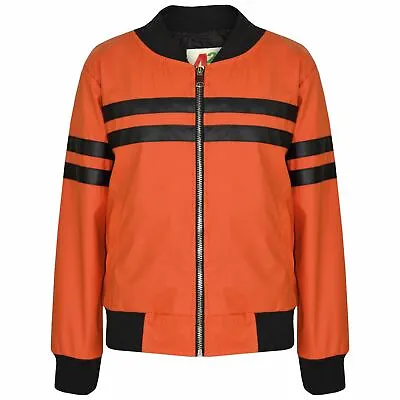 Buy Kids Girls Jackets Contrast Striped Orange PU Bomber Varsity School Bikers Coats • 6.99£
