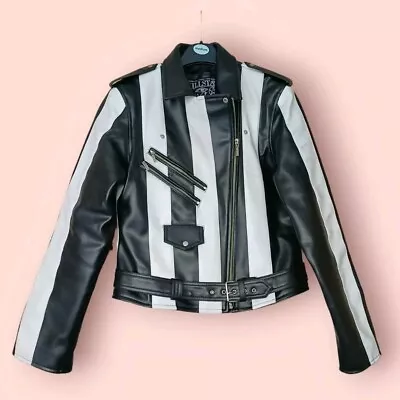 Buy KILLSTAR Beetlejuice Faux Leather Jacket Size XL (14) Black White Striped  • 29.99£