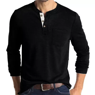 Buy Mens Casual Long Sleeve T-shirt Henley Grandad V Neck Button Solid Tee Shirt Top • 12.79£