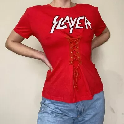 Buy Ladies Red  SLAYER  Print T-Shirt With Adjustable Corset Front, Size M • 8£