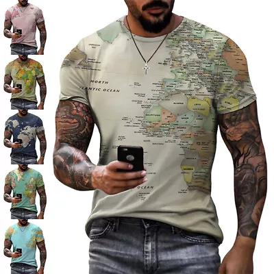 Buy Men World Map Print Short Sleeve Slim T Shirt Summer O Neck Casual Pullover Top • 9.89£