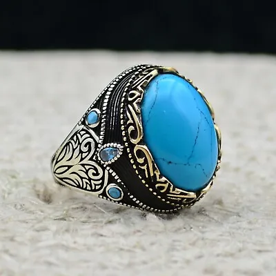 Buy Men's Ring Solid 925 Sterling Silver Turkish Jewelry Turquoise Stone All Size • 54£