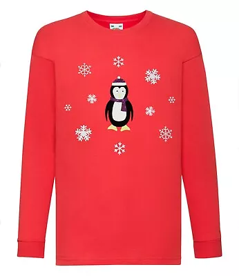 Buy Kids Boys Girls Christmas Glitter Penguin And Snowflake Long Sleeve T-Shirt • 8.95£