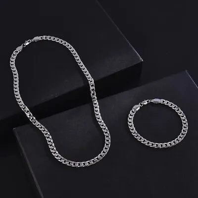 Buy 925Sterling Silver Plated 7MM Cuban Curb Chain Necklace Mens Silver Bracelet Set • 4.67£