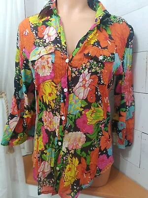 Buy Michael Farrell Women's Button Up Blouse Light Sheer Garden Floral Orange Size M • 13.69£