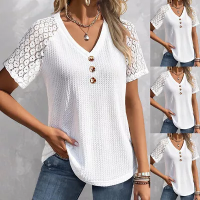 Buy Plus Size Women Waffle T-Shirt Blouse Ladies Lace V Neck Short Sleeve Tunic Tops • 2.99£