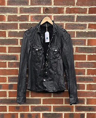 Buy All Saints Mens MCKAY Leather Shirt Jacket SMALL BLACK Military Army Moto A372 • 209.99£