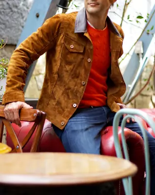 Buy Brown Leather Trucker Jacket For Men Pure Suede Custom Made Size XS S M L XL 2XL • 156.23£
