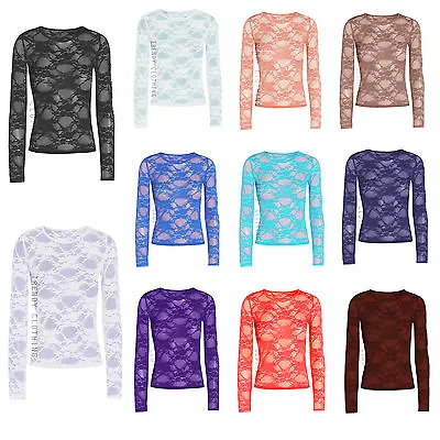 Buy New Ladies Long Sleeve Sheer Floral Lace Womens Top T-Shirt Sizes 8-26 • 4.49£