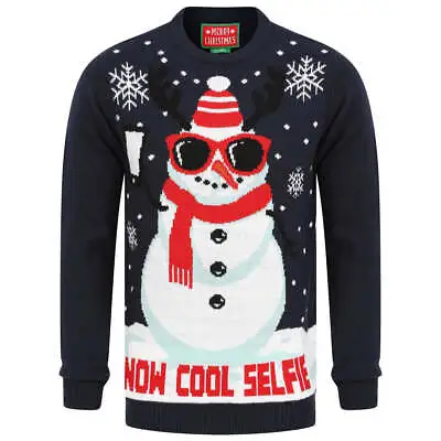 Buy Christmas Jumpers  Music Jingle  Novelty Knit Reindeer Snow Selfie Navy Blue • 24.99£