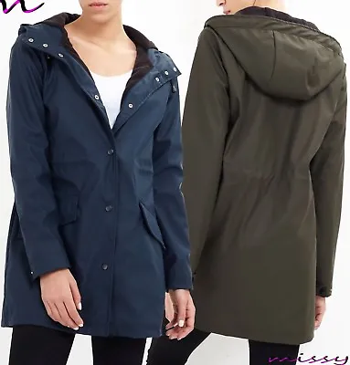 Buy NEW Womens RUBBERISED HOODED RAIN MAC Parka LADIES FLEECE LINED COAT Sizes 8-16 • 20.99£