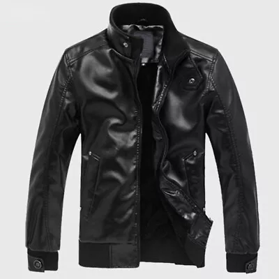 Buy Men Faux Leather Stand Collar Jacket Biker Motorcycle Top Long Sleeve Slim HOT • 37.50£