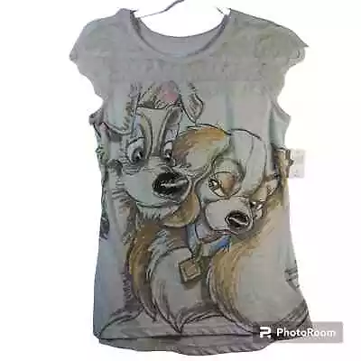 Buy Disney Lady And The Tramp Gray Graphic Lace Cap Sleeve Top Size Small • 23.62£