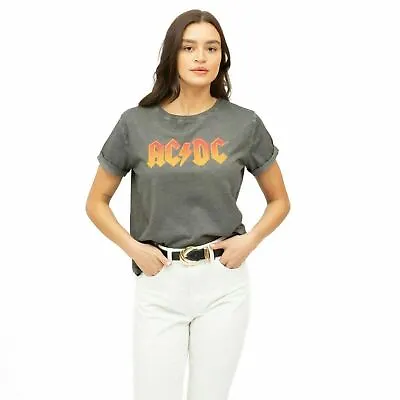 Buy Official AC/DC Ladies  Fire Logo Acid Wash Fashion T-Shirt Vintage Charcoal S-XL • 13.99£