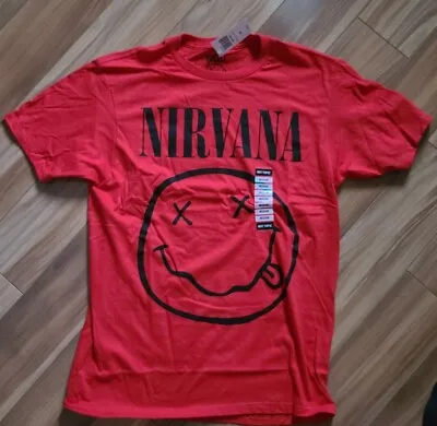 Buy NWT Nirvana Smiley Face Graphic Band Tee Shirt Top Red Boyfriend Fit Girls M • 16.01£