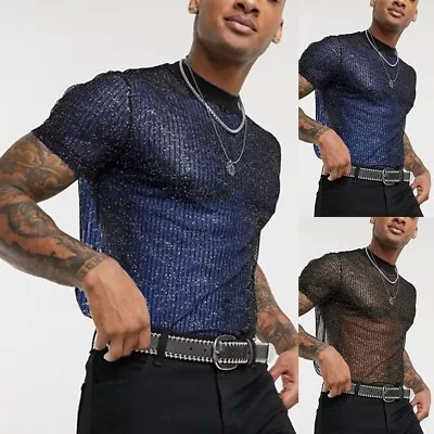 Buy Confidence Booster Men's Sheer Sexy Party Top With Sequin Shiny Mesh Design • 10.16£