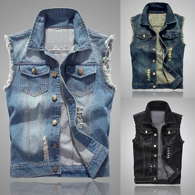 Buy Men Jean Vest Jacket Sleeveless Ripped Denim Waistcoat Trucker Coat Distress UK • 7.19£