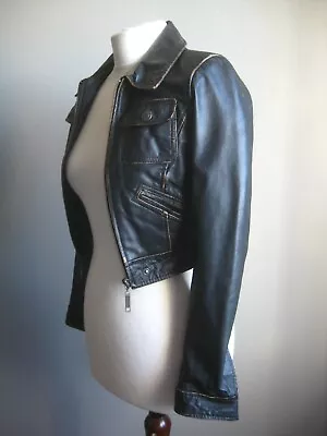 Buy RIVER ISLAND Cropped Real Leather Trucker JACKET BIKER 4 6 Brown Distressed • 74.99£