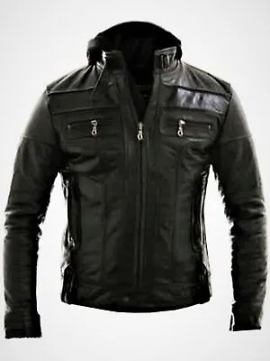 Buy Motorcycle Biker Slim Fit Black Genuine Real Leather Hooded Jacket For Men • 59.99£