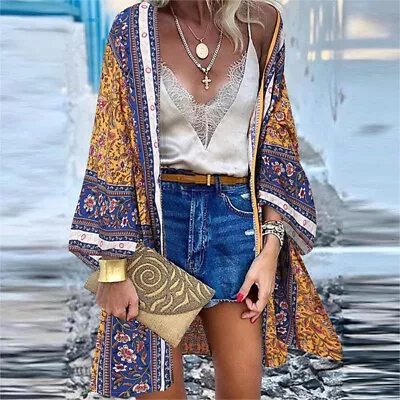 Buy Womens Summer Floral Coat Casual Loose Beach Cover Up Kimono Sleeve Cardigan • 8.55£