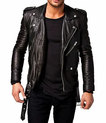 Buy Mens Stylish Slim Fit Real Genuine Leather Jacket Black Vintage Biker New • 39.49£
