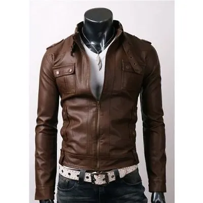 Buy Black & Brown Biker Leather Jacket Mens Strap Pocket Slim Fit Stylish Sheepskin • 34.99£