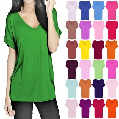 Buy Women Oversized Baggy Loose Fit Turn Up Batwing Sleeve Ladies V Neck Top T Shirt • 7.49£