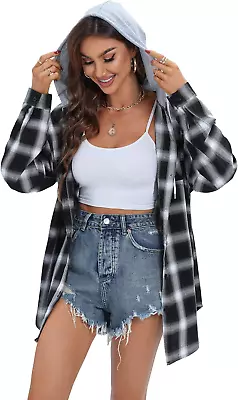 Buy Womens Oversized Flannel Shirts Hoodies Long Sleeve Button Down Boyfriend Checke • 34.45£