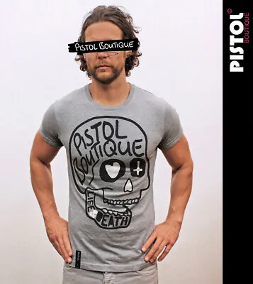 Buy Pistol Boutique Mens Grey Fitted Rolled Sleeve LIFE & DEATH SKULL T-shirt SALE • 15.30£