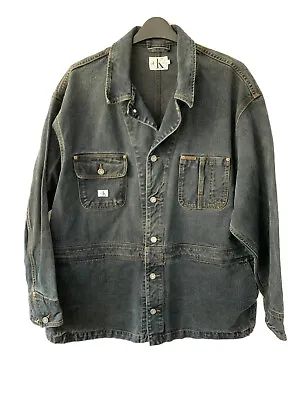 Buy Calvin Klein Jeans Grey Black Thick Trucker Denim Coat Jacket Men XL • 20.53£