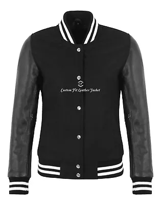 Buy Women's Varsity Letterman Baseball Bomber Biker Wool Real Leather Sleeves Jacket • 79.99£