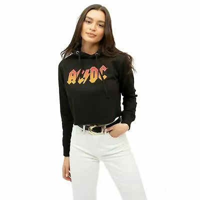 Buy Official AC/DC Ladies Fire Logo Cropped Hood Black S - XL • 24.99£