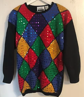 Buy Vtg 80s 90s Sweater Sz M Sequin Beaded Harlequin Colorful Oversized Heavyweight • 40.11£