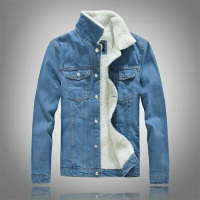 Buy Mens Denim Winter Thick Fur Lined Jacket Coat Fleece Denim Jacket Outwear • 34.79£