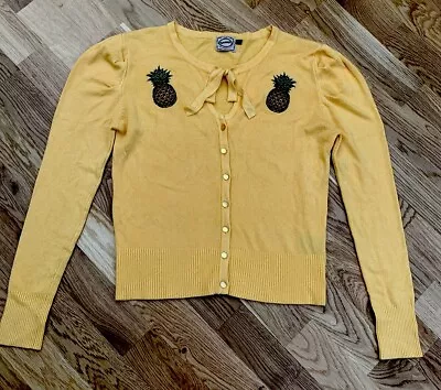 Buy Banned Apparel Rockabilly Size 12 Yellow Cardigan Button Front Pineapple Motif • 12.99£