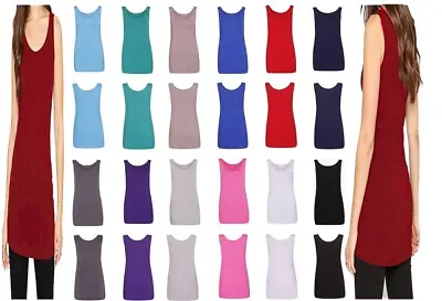 Buy Womens Scoop Neck Sleeveless Ladies Long Stretch Plain Vest Strappy T-Shirt Top • 7.95£