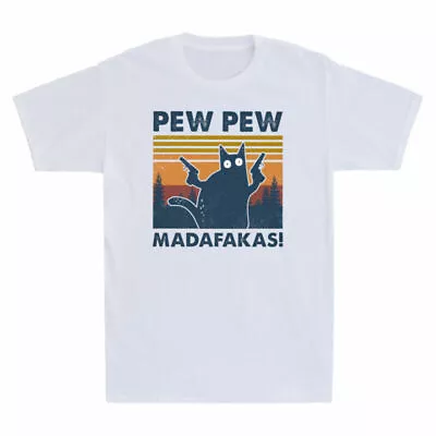 Buy Retro Pew Men's Madafakas Pew Funny Black Gun Meme Gangster Cat T-Shirt With Cat • 14.99£