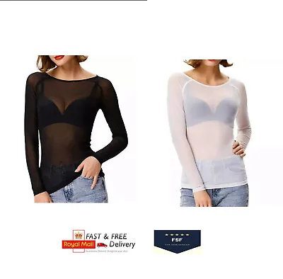 Buy Womens Ladies Sheer Mesh Top Long Sleeve Stretchy See Through T Shirt Tops Plus • 6.99£