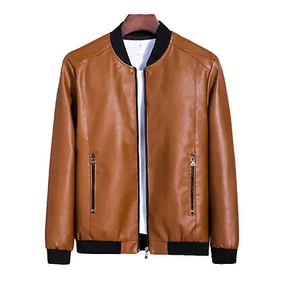 Buy Stand Collar Men Jacket Men Faux Leather Jacket Vintage Smooth Faux Leather • 32.74£