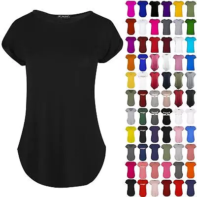 Buy Women Ladies Plain Curved Hem Viscose Roud Neck Short Turn Up Cap Sleeve T Shirt • 5.49£