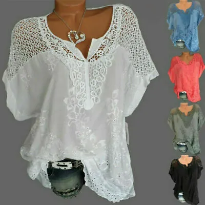 Buy Womens T-Shirts Short Sleeve Summer Loose Blouse V-Neck Lace Tops Tee Plus Size • 8.54£