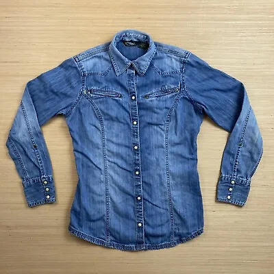 Buy Eddie Bauer Womens Small Blue Denim Shirt Jacket Distressed Destroyed Snap • 15.32£