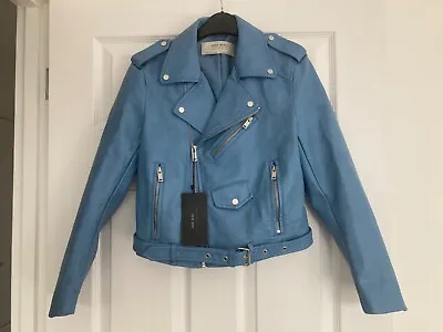 Buy Bnwt Zara Baby Blue Leather Belted Biker Jacket With Belt Size Small 8 - 10 • 30£