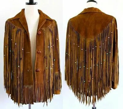 Buy NEW-Women Fashion Coat Brown Suede Leather Ladies Western Jacket Fringes Beads • 139.99£