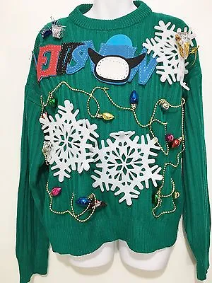 Buy Ugly Christmas Sweater M Todays News Green Let It Snow Flakes Gold Beads • 24.76£