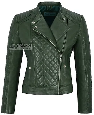Buy Woman's Real Leather Jacket Biker Style Fitted Diamond Shape Front Panel • 44.10£