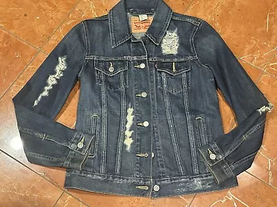 Buy Levi Strauss Distressed Destroyed Denim Blue Jean Jacket Trucker Women Xs Ln • 43.18£